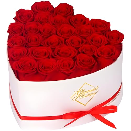 GLAMOUR BOUTIQUE Preserved Roses in a Box - Gifts for Her, Wife & Mom, Rose Flowers Forever Decor for Birthday Gift, Get Well Flower Bouquet Cased in White Box with Cover - Red - 27 (Color-Treated) - color: Red, size: 27 Roses Heart Box