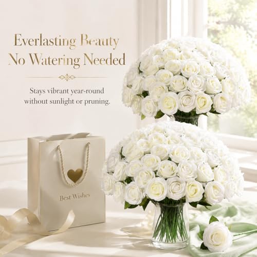 50 PCS White Roses Artificial Flowers, Fake White Roses Bouquet,White Artificial Silk Roses with Stems for DIY Wedding Flowers Decoration, Valentines Day, Home Decor, Bridal Bouquet Roses - color: Beige, size: 50 Pcs