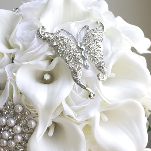 Ansuma White Calla Lily and Rose Cascading Bride Bouquet Waterfall Wedding Flower - Lily Rhinestone Jewelry Brooches and Satin Ribbon Décor (White) - color: White