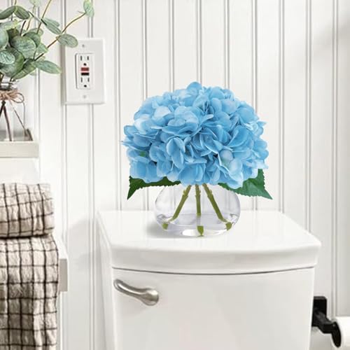 Big Petals Hydrangea Artificial Flowers in Vase, Blue Silk Fake Flowers Silk Centerpiece Table Decorations for Dining Room,Coffee Table Decor,Wedding, Home with Faux Water decorr (Sea Blue) - color: Sea Blue