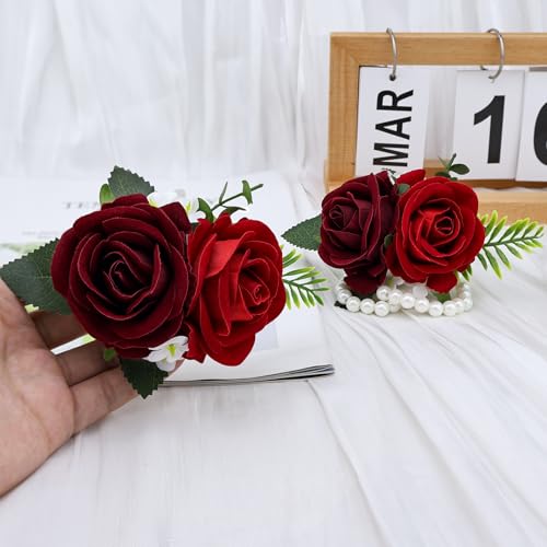 2Pcs Burgundy & Red Rose Wrist Corsage Wristlet Band and Men Boutonniere Set, for Wedding Bride Bridesmaids Groom Groomsmen Accessories Prom Party Artificial Flowers Decorations - color: Burgundy & Red