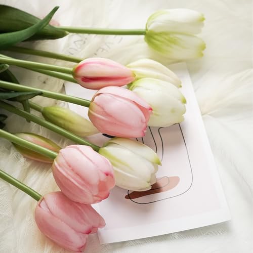 10 Pcs Fake Tulips Tulips Artificial Flowers Real Touch Fake Flowers Artificial Flower Bouquet for Home Table Party Wedding Decoration (Light Pink) - color: Light Pink