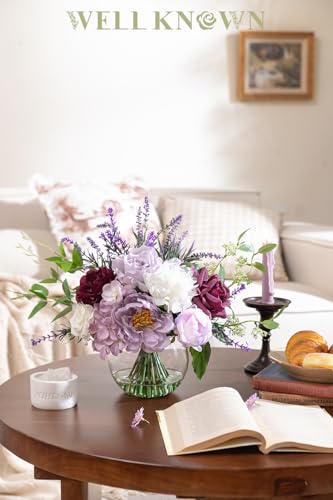 WELL KNOWN Artificial Flowers in Vase, Fake Lavender & Silk Peony Flower Bouquet Centerpieces in Glass Vase with Fake Water for Home Wedding Party Dining Table Decor & Mom's Gift (Purple Mixed Plus) - color: Lavender Purple Mixed Plus