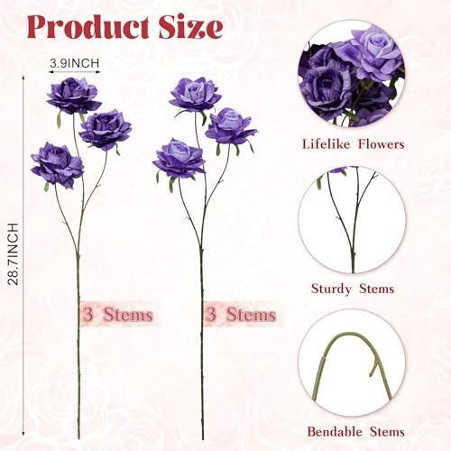 INXUGAO 6 Pcs Artificial Flowers Fake Roses for Outdoor, 28" Long Stem Silk Roses for Wedding Indoor Outside Party Decor, Realistic Faux Bouquet for Tall Vase Planter (Purple) - color: Rose-purple 6 Pcs