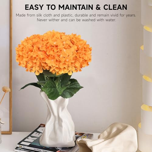 6 PCS Artificial Hydrangea Flowers, Faux Silk Hydrangea with Long Stems, Home Wedding Decor, Table Centerpieces, Party Decorations(Orange) - color: Orange