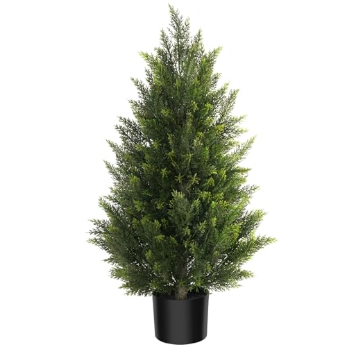 Vitalismo Outdoor Artificial Cedar Topiary Tree, Faux Evergreen Shrubs for Front Porch Decor, Lifelike Fake Bushes Plants for Home Living Room Front Door Decor (1, 3ft) - size: 3ft