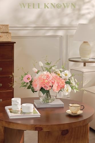 WELL KNOWN Artificial Flowers in Vase, Fake Silk Peony Tulip Hydrangea Pink & White Flower Bouquet Arrangement with Faux Water Centerpieces for Home Wedding Dining Table Party Decor & Gift for Women - color: Pink
