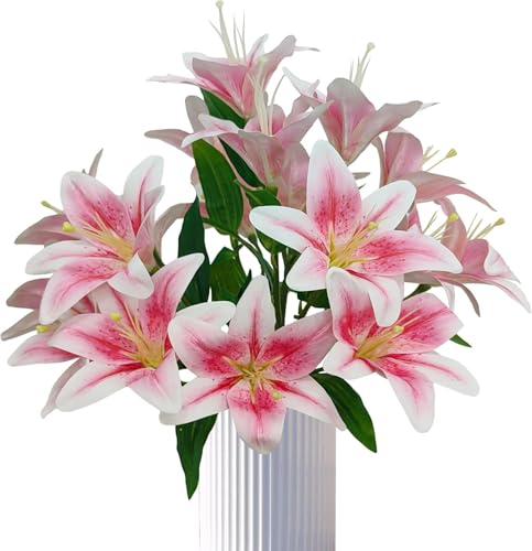 6 Pcs Light Pink Lilies Artificial Flowers,Faux Lily Flowers,23 Inch Long Stem Tiger Lily Branch with 3 Full Blooms and 4 Leaves, Latex Real Touch Lilium Flower for Wedding Bouquet - color: Light Pink