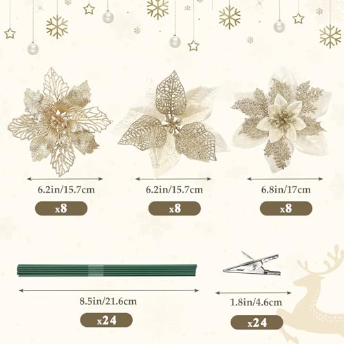 Alupssuc 24 PCS 3 Styles 6'' Poinsettia Christmas Flowers Artificial, Glitter Artificial Flower, Christmas Decorations for Xmas Tree Party Wreath Fireplace, New Year Ornaments, Champagne Gold - color: Champagne Gold