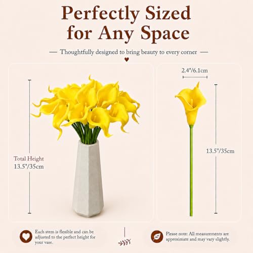 Mandy's 20pcs Pure Yellow Calla Lily Artificial Flowers | 13.5 Inch PU Realistic Bouquet for Vase Elegant Home Decor Centerpiece Wedding Bridal Bouquet Table Decoration - color: Pure Yellow