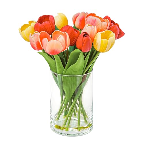 Realistic Fake Flowers Artificial Tulip Arrangement with Glass Vase, Adjustable Stems, for Home Living Room Table Office Wedding Decoration（Mixed Colors） - color: Mixed Colors