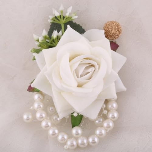 Ivory Wrist Corsages Set of 6 for Bridal Bride Bridesmaid Women Artificial Hand Flower Formal Party Wrist Corsage Pearl Band Wristlet Wedding Prom Homecoming Ivory - color: Ivory Corsages ( 6pcs )