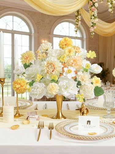Artificial Flowers Combo Box Set White Yellow Roses Dahlia Fake Silk Flowers with Stems for DIY Wedding Bridal Bouquets,Floral Arrangement,Table Centerpieces,Baby Shower,Home Decorations - color: Yellow
