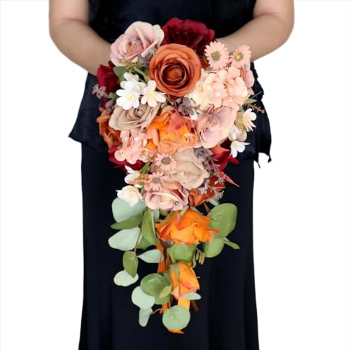 9.5 Inch Orange Cascading Wedding Bouquet for Bride Fall Artificial Rose Flower Cascade Bride Bridal Bouquet Rustic Boho Wedding Ceremony Anniversary Bridal Shower Fall Color Burnt Orange - color: Burnt Orange