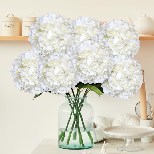 8pcs Hydrangea Artificial Flowers White Silk Fake Flower Bouquets Faux Hydrangea with Stems for Home Table Centerpieces Wedding Party Decoration (White, 8 PCS) - color: White