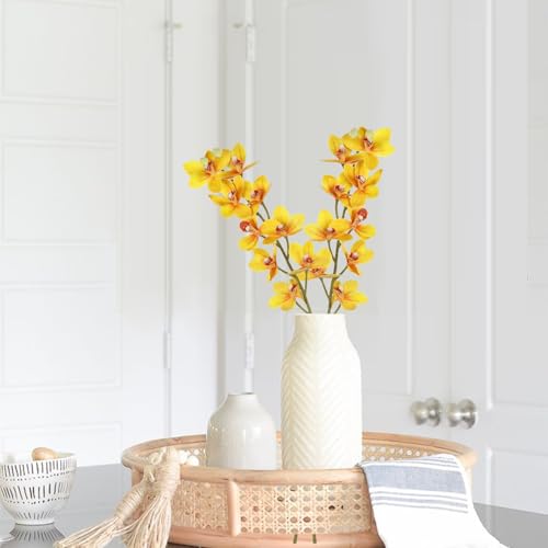 IPOPU Yellow 5 Pcs Artificial Orchids That Look Real Real Touch Latex Orchid Fake Flowers for Living Room Bathroom Kitchen Wedding and Engagement Centerpiece Arrangement - color: Yellow