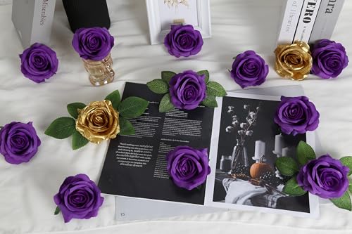 20pcs Purple Roses Artificial Flowers Fake Roses Real Looking Silk Flowers Bulk Big Faux Roses with Stems for Wedding Centerpieces Table Home Party Decor Bridal Floral Arrangements (Purple) - color: Purple
