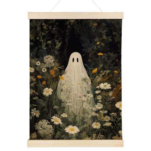 Nrleey Halloween Bathroom Poster Hanger Frame, Ghosts Floral Wall Art with Wooden Poster Hanger, Horror Spooky Wall Hanging Decor, 12x16 Inches - color: Ghost-01