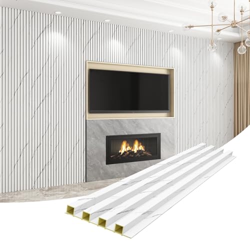 8-Pack WPC Wall Panels 108’’ x 6.1’’ 3D Slat Wall Panel Acoustic Wall Paneling for Interior Wall Decor TV Background Kitchen Bedroom Marble White