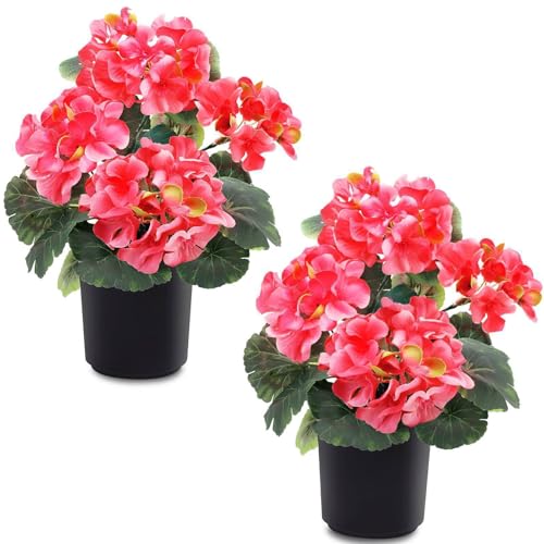 2 Pack Artificial Geraniums Fake Flowers for Outdoors Summer Decoration, Silk Geraniums Flowers UV Resistant Faux Flower Potted Plants for Gardens Farmhouse Indoor Home Table Decor (Rose Red) - color: Rose Red