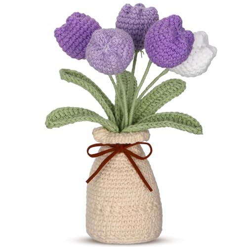 Marsui Crochet Knitting Tulip Bouquet with Vase 7" Knitted Artificial Forever Tulip Handmade Woven Flower with Exquisite Pot Gift for Father's Gifts Back to School Gift Family Home Desk Decor(Purple) - color: Purple, style: Tulip
