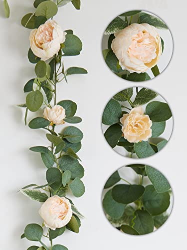 MISSPIN 2pcs Artificial Flowers Garland Spring Eucalyptus Garland Vintage Fake Flower Peony Rose Vine Greenery Decorative Wall Hanging Plant for Wedding Arch Door Arrangement Party Decor - color: Light Champagne-2
