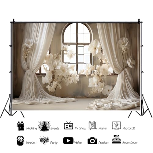12x6ft Wedding Party Decorations Banner Backdrop Wedding Reception Photography Backdrop White Floral Flowers Curtains French Frame Photo Backgrounds Baby Shower Photo Shoot Portraits Props - size: 12x6ft
