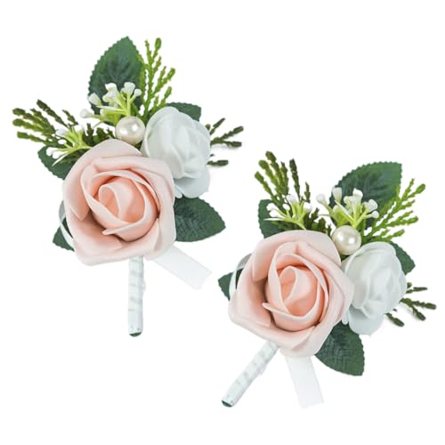 Set of 2 Pink Rose Boutonniere for MenWedding, Groom Groomsman Artificial Flowers for Wedding Anniversary Celebration,Prom,Party,Home Decoratio (Pink) - color: Pink