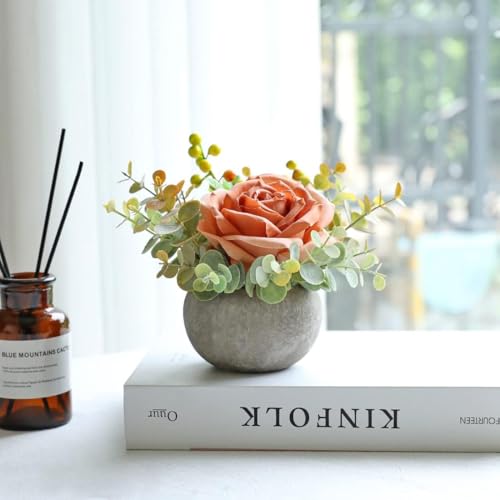 Small Artificial 2pcs Orange Rose Potted Plant, 6" Fake Silk Flowers in 3.5" Round Pot, Mini Faux Floral Arrangement for Desk Shelf Bathroom Decor - color: 2pcs Orange