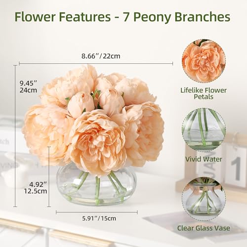 Champagne Peonies Artificial Flowers in Vase, Silk Faux Peony Fake Flower Arrangements with Glass Vase and Faux Water for Home Decor Wedding Bouquets Table Centerpieces, Set of 7 - color: Peony Vase With Faux Water, size: Champagne