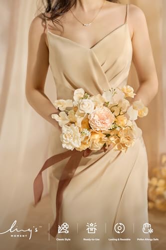 Ling's moment Artificial Cream Bridesmaid Bouquets Set of 6,Yellow Wedding Flower Bouquets Brown Floral Bouquet Bridal Bouquets with Ribbon Ceremony Anniversary,7-inch Diameter - color: Brn-soft Peach & Brown