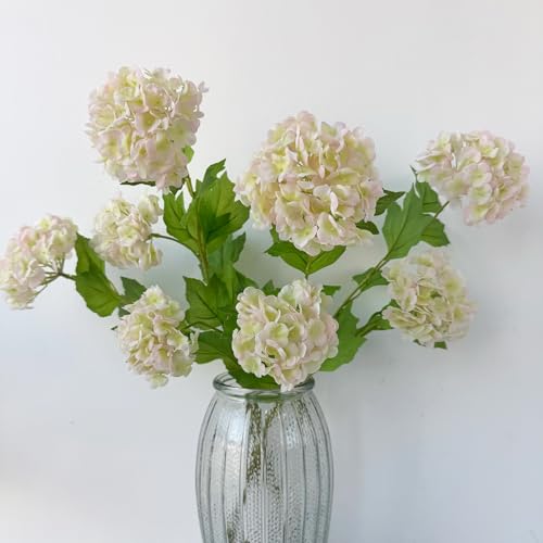YalzoneMet RUZUQE 4 Pcs Light Pink/Green Artificial Snowball Viburnum Flower Small Blooms Hydrangea Real Touch Faux Latex 26.8'' Long Stem Snowball Flower for Spring Home Decoration Table Centerpiece - color: Light Pink/Green