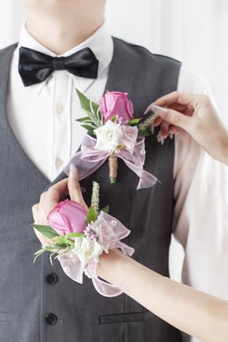 Hot Pink Corsage and Boutonniere Set for Wedding Prom, Artificial Rose Flower Homecoming Corsage Wristlet, Boutonniere for Men Wedding Suit Decor - color: Hot Pink
