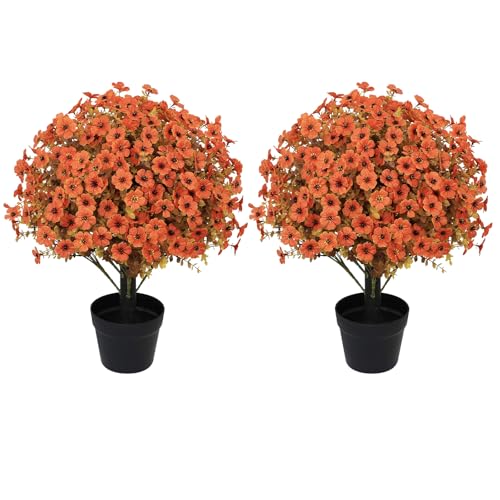 24" Artificial Fall Potted Plants Outdoor Set of 2, UV Resistant Faux Daisy Mums Flowers with Eucalyptus, Decorative Plants in Pots for Front Porch, Patio & Entryway - color: Fall Red, size: 24in Daisy Eucalyptus