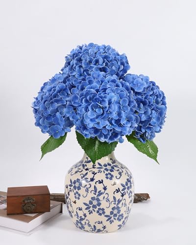DuHouse 3Pcs Hydrangea Artificial Flowers,Latex Real Touch Hydrangeas with Long Stems & Leaves for Home Decor Party Floral Arrangements Wedding Bouquets Centerpieces(Dark Blue) - color: Dark Blue, size: 3pcs