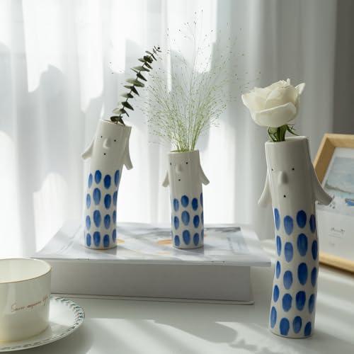 MOUGIGI Cute Family Face Vases Set of 3 - Unique Ceramic Bud Vases for Small Flower - Fun Modern Aesthetic Decor for Home - Pretty Decorative Flower Holder for Women and Kids for Spring - color: Family Vase Blue-3pcs