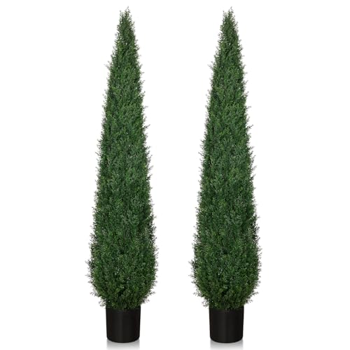 Artificial Cedar Trees for Outdoors 6 ft Faux Cypress Topiary - Tall and Large, Heavy Duty, UV Resistant and Realistic Fake Pine Shrubs Bushes for Patio Yard Balcony Garden, Set of 2 - color: Deep Green, size: 6 FT