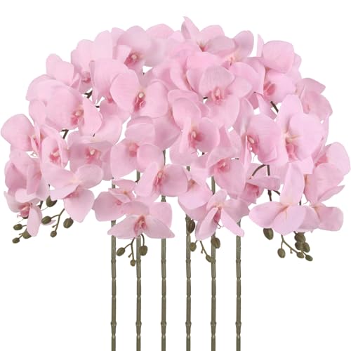 Orchids Artificial Flowers,6 Pcs Fake Light Pink Orchids 30" Long Stem Velvet Silk Phalaenopsis Orchid Flowers for Tall Vase Romantic Wedding Party Centerpieces Home Decor (Light Pink) - color: Light Pink