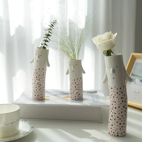 MOUGIGI Family Face Vases Set of 3 - Cute Handmade Ceramic Bud Vases for Pretty Flowers - Unique Modern Decor - Aesthetic Small Flower Holders for Home Elegance - color: Family Vase Red-3pcs