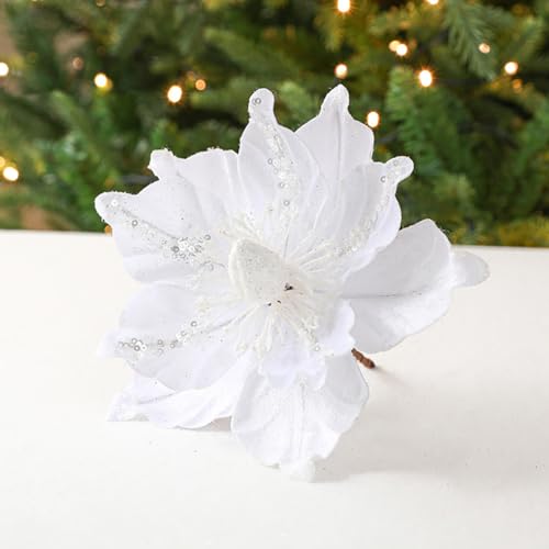 vctops 6 Pcs Poinsettia Artificial Flowers Christmas Tree Ornaments Velvet Glitter Magnolia Flowers for Xmas New Year Party Wedding Holiday DIY Decorations, White - color: White