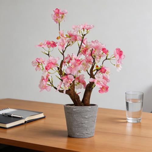 TOARTi Artificial Pink Cherry Blossom Potted Plant with Pot, 9.8" Tall Fake Flowers Faux Plant Desk Decor, Realistic Decorative Plants Indoor Decor for for Home Bedroom Bathroom Office Desk - color: Pink Cherry Blossoms-small 9.8''