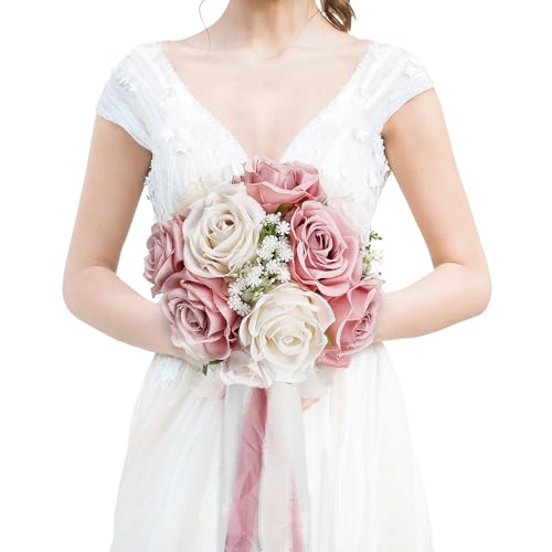 Wedding Bouquet for Bride - Premade Simple Artificial Roses Flowers for Bridal Shower Destination Ceremony Anniversary Decorations - Dusty Pink & White - color: Dusty Pink & White