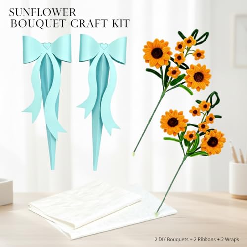 2Pcs Valentines Day Gifts Handmade Sunflower Bouquet with Blue Bow Box – 2 Finished Pipe Cleaner Sunflowers, Ready-to-Gift Artificial Flowers for Weddings, Parties, Birthdays, Home Decor - color: Sunflower