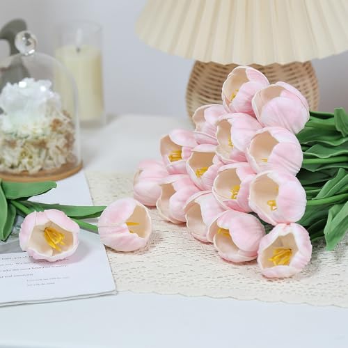 20pcs Fake Tulips Artificial Flowers PU Faux Tulip Stems Arrangement for Wedding Spring Bouquet Easter Valentine's Gift Home Party Table Office Decor (Pink) - color: Pink