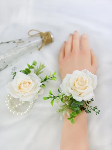Wrist Corsage for Wedding(Set of 6),Artificial Champagne Rose Eucalyptus Pearls Wristband Corsages for Bride Bridesmaids Wedding, Women Mother Wrist Flower for Prom Party Anniversary Decor - color: Champagne-c Wrist Corsage 6pcs