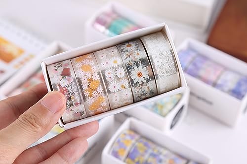 YUBBAEX 5 Rolls Floral Washi Tape Set PET Decorative Flowers Patterns Transparent Masking Tapes for Arts, DIY Crafts, Journals, Planners, Scrapbook, Wrapping (Daisy) - color: Daisy