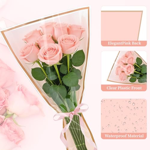 50 Sheets 18" x 11" Pink Flower Bouquet Wrapping Bags Plastic Paper Sleeves, Total 154Pcs RibbonsX3 Pruning ShearsX1 Card HolderX50 CardsX50 Floral Bouquets Bag for Flowers Bar Graduation Wedding - color: Pink 50 Sheets Gold, size: 18 x 11 inch