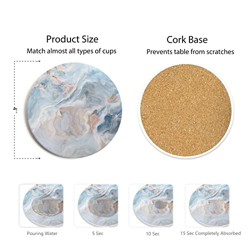 Set of 6 Abstract Blue Marble Coasters with Holder, Absorbent Ceramic Coasters for Drinks, Coasters with Cork Backing for Table Protection, Housewarming Gifts for New Home - color: Abstract Blue Marble