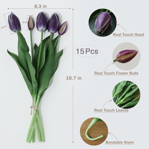 mizii 15Pcs Purple Tulips Artificial Flowers Latex Plastic Real Touch Fake Tulips Flowers Look Real Faux Tulip Flower Bouquet Decoration for Vase Room Table Centerpieces Home Decor (Dark Purple) - color: Dark Purple