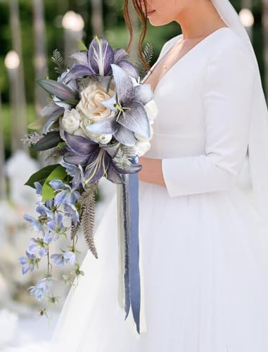 Bridal Bouquet,12 Inch Cascading Wedding Bouquets Bride Bouquets for Wedding Ceremony and Anniversary(Blue) - color: Blue